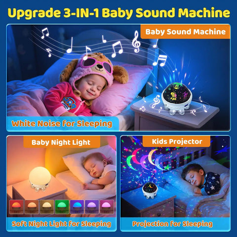 All In One Outdoor Speaker Sleep Sound Machine With Projector Star Light, 30 Soothing Sounds, kid-friendly features shown