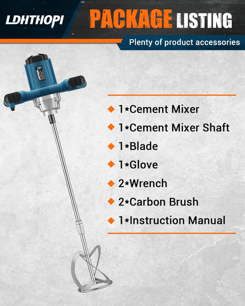 Powerful 2300W Electric Cement Mixer Handheld With 6 Speed Settings, 110V Portable Mortar Mixer Package Contents
