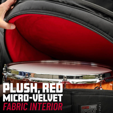 Top Tier 14 X 8 Inch Snare Drum Gig Bag With Hella Durable 1000D Nylon Armor For Keeping Your Kit Solid On The Road Featuring plush red micro-velvet fabric interior.