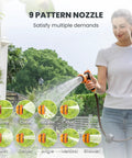 Woman using Heavy Duty Retractable Garden Hose Reel 130 Ft Half Inch Hybrid Hose, Wall Mounted With Auto Rewind, 9 Pattern Nozzle