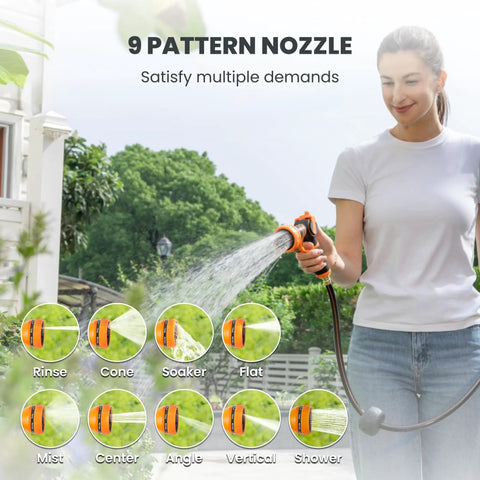 Woman using Heavy Duty Retractable Garden Hose Reel 130 Ft Half Inch Hybrid Hose, Wall Mounted With Auto Rewind, 9 Pattern Nozzle