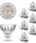 6 pack of 5W MR16 LED bulbs replacing 20W and 35W halogen, 2700K soft warm white, 12V low voltage GU5.3 spotlights.