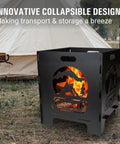20 Inch Portable Wood Burning Fire Pit Collapsible For Camping And Backyard Use Tailgate Ready Ultra Compact Easy Assembly With Interlocking Design Great For Deck Or Patio Black with fire burning in campsite, tent in background.