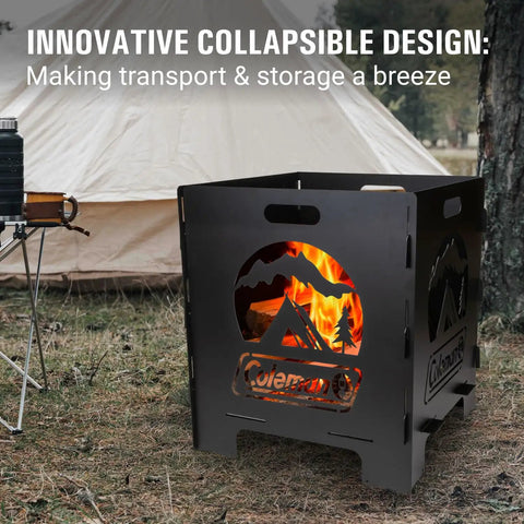 20 Inch Portable Wood Burning Fire Pit Collapsible For Camping And Backyard Use Tailgate Ready Ultra Compact Easy Assembly With Interlocking Design Great For Deck Or Patio Black with fire burning in campsite, tent in background.
