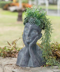 Cool Modern Impressionist Face Planter Pot For Indoor Outdoor Use With Drainage Hole Cactus And Succulent Planter Gray Aged Concrete Finish Polystone Farmhouse Decor Hand Painted Sage Green Floral Crown 11x8.5x16.5 Inches