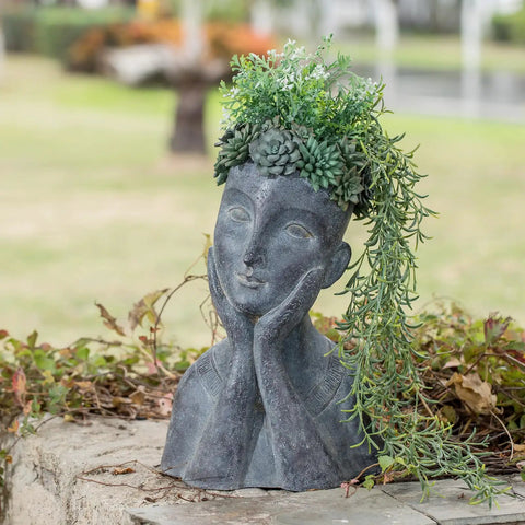 Cool Modern Impressionist Face Planter Pot For Indoor Outdoor Use With Drainage Hole Cactus And Succulent Planter Gray Aged Concrete Finish Polystone Farmhouse Decor Hand Painted Sage Green Floral Crown 11x8.5x16.5 Inches