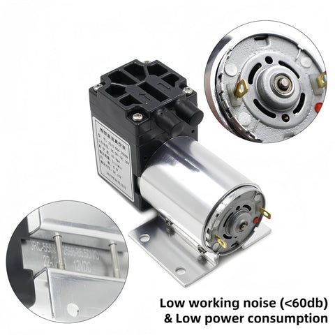 DC 12V oil-free vacuum pump with mounting bracket; silver motor and black control unit