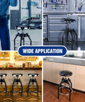 Heavy Duty Adjustable Hydraulic Shop Stool with 360 Degree Swivel for garage and bar seating shown in various settings