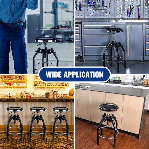 Heavy Duty Adjustable Hydraulic Shop Stool with 360 Degree Swivel for garage and bar seating shown in various settings