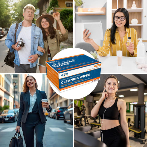 Front view of MEDca Hearing Aid Cleaning Wipes box (100 alcohol-free wipes) with collage of people using devices.