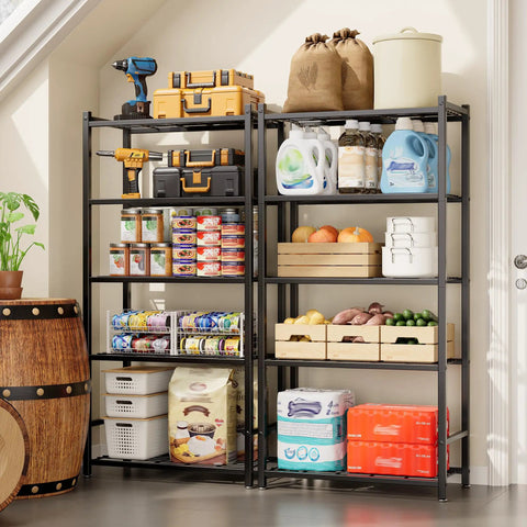 Tough As Nails 5 Tier Metal Shelving Rack With 120 Lbs Per Shelf And Foolproof Leveling Base, supplies organized in black rack.