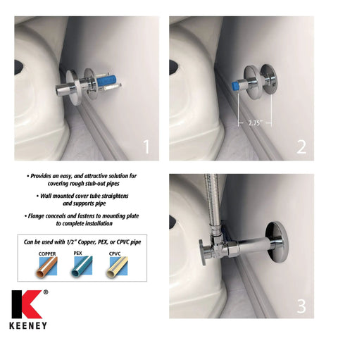 Image showcasing PEX Stub-Out Cover And Wall Mounted Support In Chrome Finish for a no-fuss quick install, clean, neat pipes.