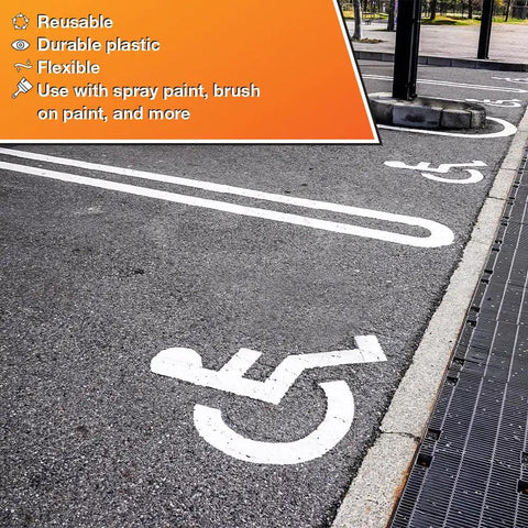 Handicap Parking Lot Stencil 48 By 48 Inches Heavy Duty Plastic Reusable Made In The USA marking visible in parking space