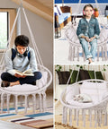 Macrame Hammock Chair With Cushion And Hardware Kit For Indoor And Outdoor Chill Boho Swing Seat for Patio Balcony Porch or Bedroom Beige Easy To Install Lightweight And Portable For Anywhere.