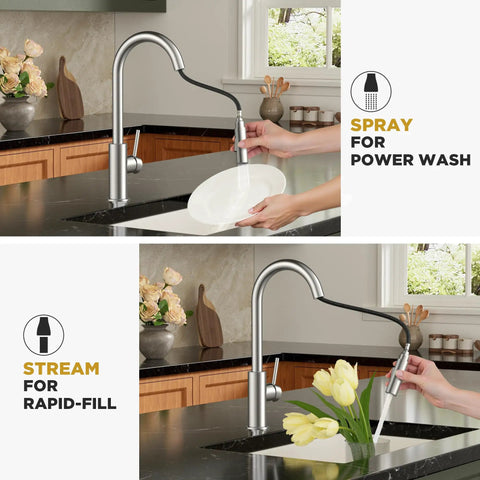 Brushed Nickel Kitchen Faucet With Pull Down Sprayer High Arc Gooseneck Spout used for washing dishes and filling vases