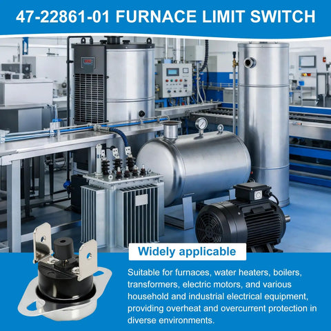 Industrial setting showcasing furnace limit switch with focus on 47-22861-01 model, highlighting diverse electrical applications.