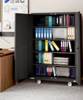 72 Inch Wide And Deep Metal Garage Storage Cabinet With Doors, Rolling Tool Cabinet, Pegboard On Doors And Back Panel, Adjustable Shelves, Mobile Wheels, Ideal For Garage, Office, Workshop, And Warehouse shown in office setting with open doors displaying organized files and books on shelves.