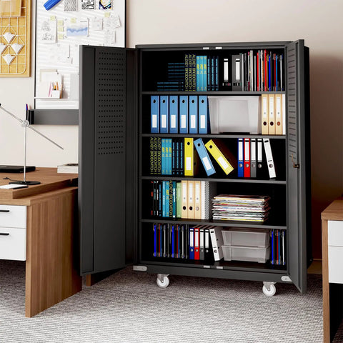 72 Inch Wide And Deep Metal Garage Storage Cabinet With Doors, Rolling Tool Cabinet, Pegboard On Doors And Back Panel, Adjustable Shelves, Mobile Wheels, Ideal For Garage, Office, Workshop, And Warehouse shown in office setting with open doors displaying organized files and books on shelves.