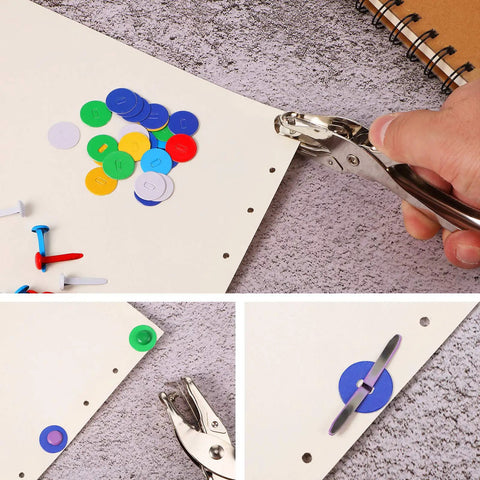 All In One Dope Craft Fasteners Set From Mudder With 100 Brass Paper Fasteners And 300 Colorful Washers Plus 1 Hole Punch For Scrapbooking DIY Projects And School Supplies in use with hole punch and fasteners on paper.