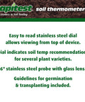 Dial Soil Thermometer With Stainless Steel Probe For Quick Soil Temperature Readings No Guesswork For Early Season Plantings And Transplants Easy Read Dial From Any Angle Germination And Transplant Guidelines Included Pack Of 1 product label with features description