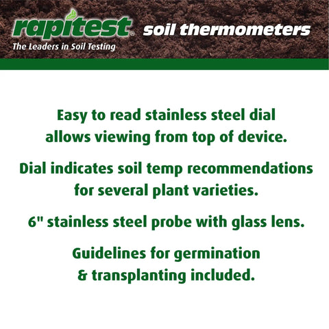 Dial Soil Thermometer With Stainless Steel Probe For Quick Soil Temperature Readings No Guesswork For Early Season Plantings And Transplants Easy Read Dial From Any Angle Germination And Transplant Guidelines Included Pack Of 1 product label with features description