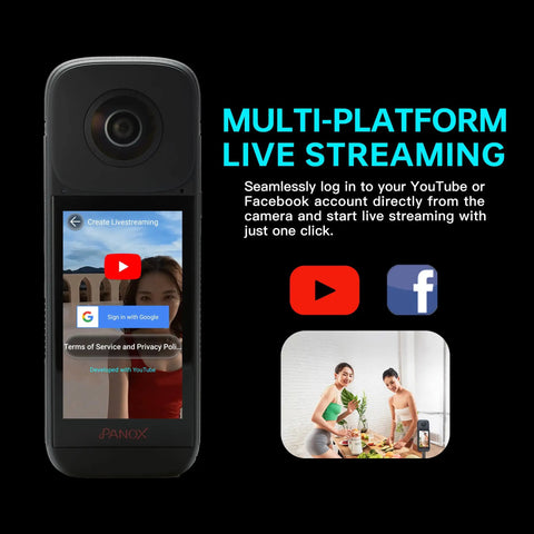 Motorcycle 360 Camera For Rides Dope 5.7K Video 72MP Photos Ultra Stable Footage AI Auto Tracking GPS Panorama Android 10 OS 4K Live 360 Video And Multi Platform Live Streaming with live streaming interface on screen.