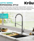 Oletto Commercial Style Pull Down Kitchen Faucet with QuickDock Top Mount, spot free stainless steel, on kitchen countertop with accessories