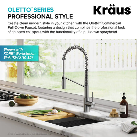 Oletto Commercial Style Pull Down Kitchen Faucet with QuickDock Top Mount, spot free stainless steel, on kitchen countertop with accessories