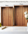 Solid Acacia Wood Serving Trays 2 Pack Real Deal Party Platters Big Time Hosting Essential For Cheese Boards And Charcuterie Spreads With Gorgeous Natural Wood Grain, showcasing dimensions 14x9 and 15x11 inches.