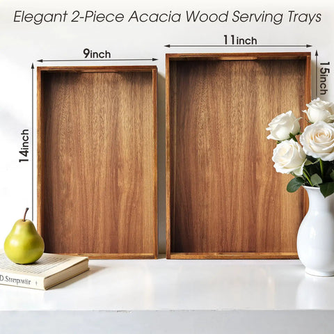 Solid Acacia Wood Serving Trays 2 Pack Real Deal Party Platters Big Time Hosting Essential For Cheese Boards And Charcuterie Spreads With Gorgeous Natural Wood Grain, showcasing dimensions 14x9 and 15x11 inches.
