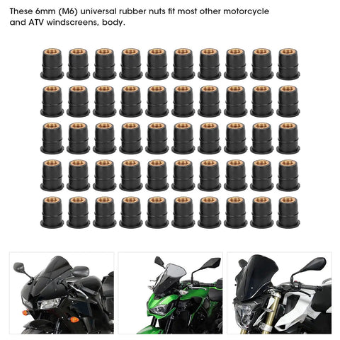 Tough As Nails 50 Pack M6X0.8MM Motorcycle Windscreen Well Nuts, set of rubber fasteners with brass insert for ATVs and dirt bikes.