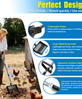 Woman using Two In One Chicken Poop Scooper And Rake With Adjustable Stainless Steel Handle For Coop Cleanup No Fuss