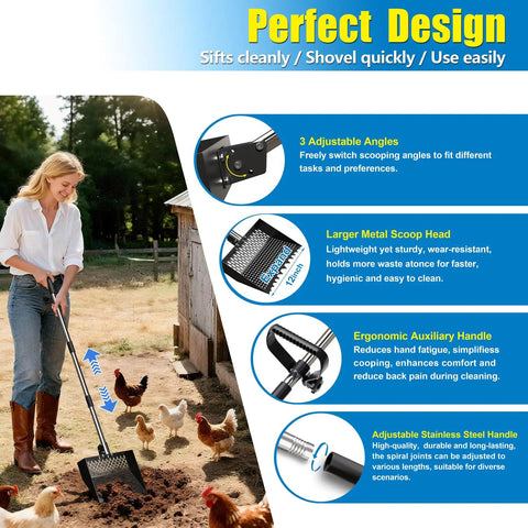 Woman using Two In One Chicken Poop Scooper And Rake With Adjustable Stainless Steel Handle For Coop Cleanup No Fuss