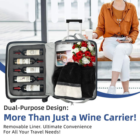 SERABETTO 10-bottle wine luggage, black; open case showing bottle slots on left and removable liner on right