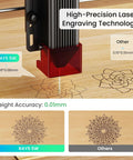 Ray5 5W laser engraver for wood with red housing; 400x400mm bed, engraving a flower pattern on wood.