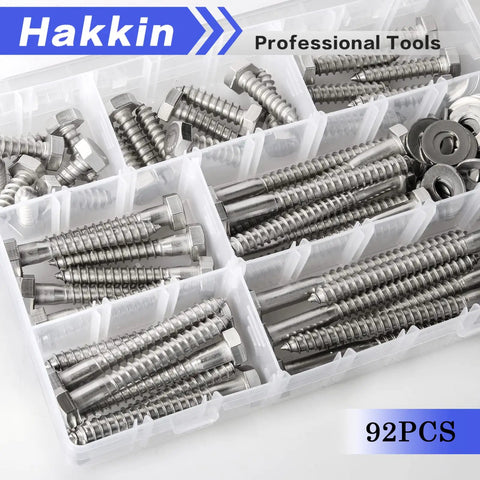 Heavy Duty Stainless Steel Lag Bolts Kit For Wood With Washers 92 Piece Set Includes Hex Lag Screws in assorted lengths