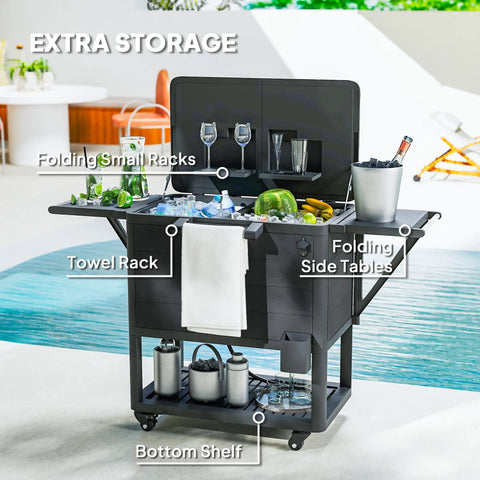 104 Quart Outdoor Cooler On Wheels With Bottle Opener And Shelves Rolling Ice Chest For Pool Decks Poolside Parties BBQs And Backyard Hangouts Built In Divider For Separate Drinks And Fruit Black, shown with open shelves and towel rack.