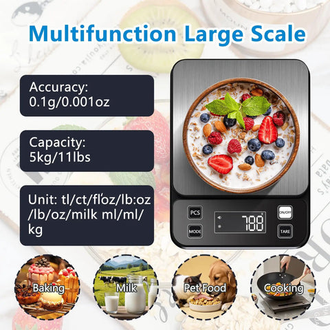 Waterproof Kitchen Scale With 0.1g Precision, 10kg Capacity, USB Rechargeable, Backlit Display, Stainless Steel Surface