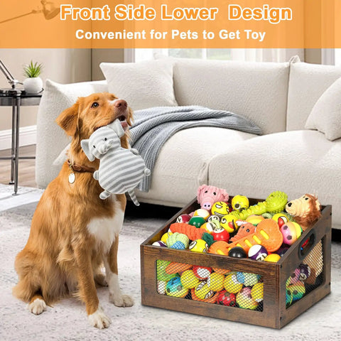 Dog by a Wooden Dog Toy Basket With Slanted Front For Easy Reach filled with colorful toys in a living room setting.