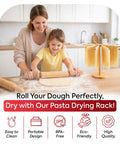 Mother and child using All In One Pasta Making Tools Set 14 Piece Kit with rolling pin and pasta drying rack in kitchen