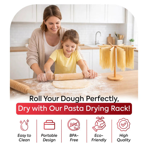 Mother and child using All In One Pasta Making Tools Set 14 Piece Kit with rolling pin and pasta drying rack in kitchen