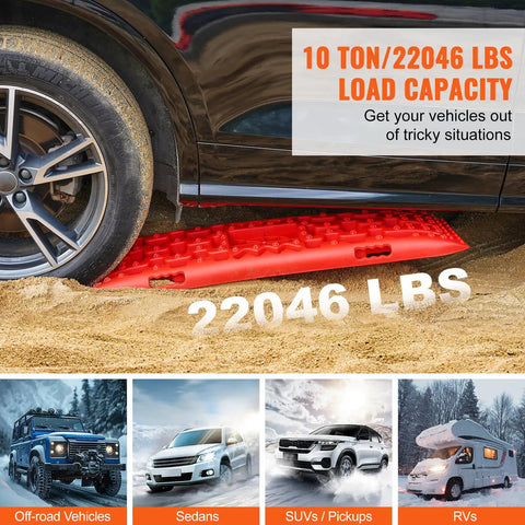 Car using Long Red 10 Ton Traction Boards For Off Road Adventures, Beefy Heavy Duty Recovery Mats Made Of PP Material; 22046 lbs capacity