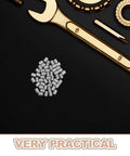 Top Shelf Pin Supports 50 Pack Stainless Steel Dowel Pins High Strength Solid Furniture Pegs arranged near tools on black background.