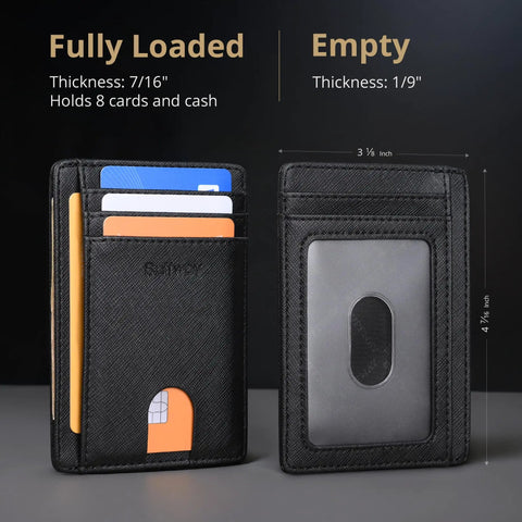 Dead Simple Minimalist Front Pocket Leather Wallet With Secure RFID Blocking For Men And Women Hella Slim Everyday Carry shown loaded and empty, sizes 3 1/8 by 4 7/16 inches.