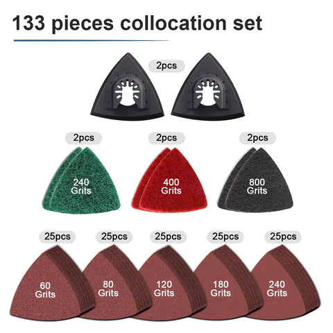 All In One 133 Piece Oscillating Tool Sanding Pads Kit With 125 Sandpapers 2 Triangular Sanding Pads And 6 Scrubbing Pads displayed