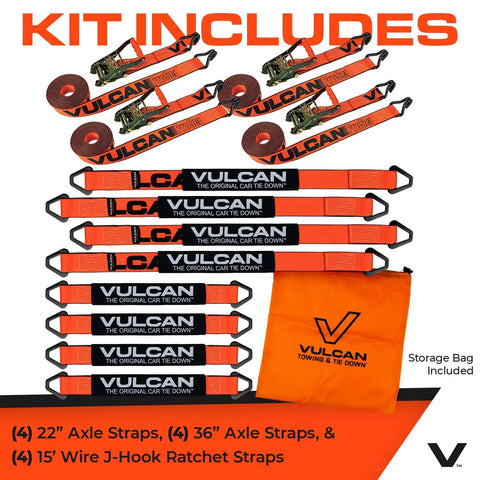 ProSeries Beefy Axle Strap Tie Down Kit With Wire Hook Ratchet Straps includes 4 22" straps, 4 36" straps, 4 15' wire J-hook ratchets, storage bag