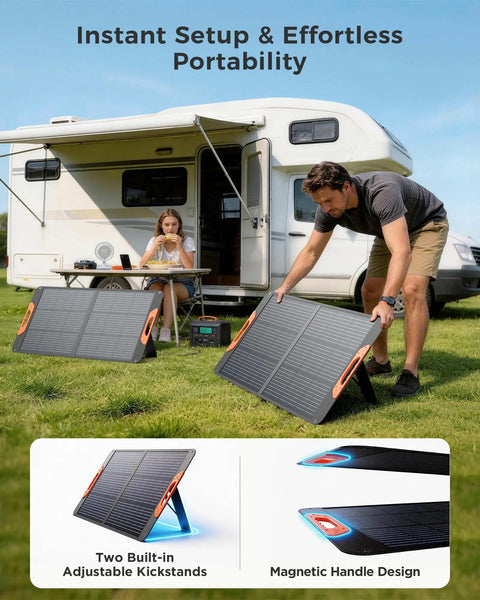 Man setting up 100W Foldable Portable Solar Panel With Five In One Cable for off grid power next to RV