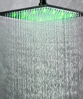 No Sweat Thermostatic Shower Faucet Kit With Led Rainfall Head And Handheld Body Massager, green LED rainfall showerhead view.