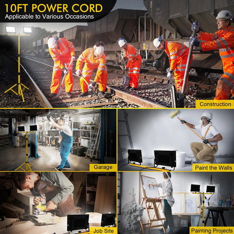 Two-Head LED Work Light With Adjustable Foldable Tripod Stand, 21000 Lumen Portable Flood Light For Outdoor Job Sites, Garage, Workshop And Construction, IP66 Waterproof in use at job sites and workshops