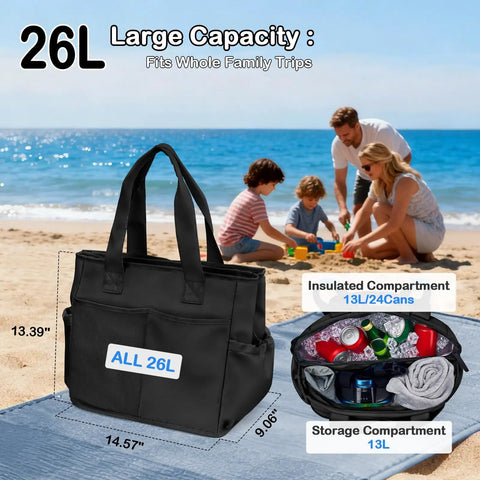 Two In One Soft Cooler Bag With Leakproof Insulation Collapsible Design for Beach and Camping next to family on beach
